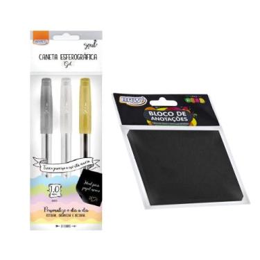 Imagem de Bloco de Notas Preto 50 Fls + Caneta Gel 1.0 Blister c/ 3 Cores - BRW