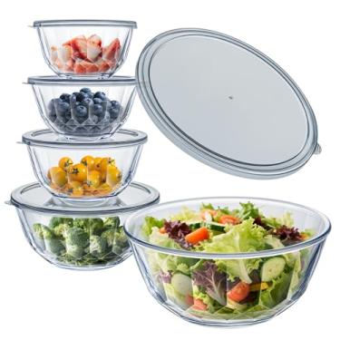 Imagem de WhiteRhino Tigelas de vidro com tampas, conjunto de 5 (4,70 QT, 2,85 QT, 1,69 QT, 1,11 QT, 0,85 QT, tigelas de vidro com tampas, tigelas grandes para salada economizam espaço para cozinhar, assar