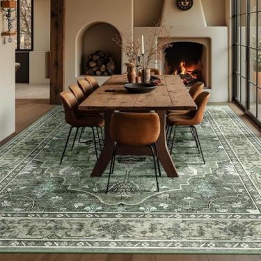 Imagem de RELEANY Tapetes quadrados, 3 metros, lavável, antiderrapante, estampa floral, vintage, tapete medalhão para sala de estar, quarto, sala de jantar, verde-escuro, cinza