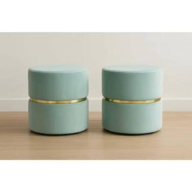 Imagem de Puff Redondo Luxo Veludo Verde água – Assento Estofado para Sala, Escritório ou Provador | Banqueta Decorativa