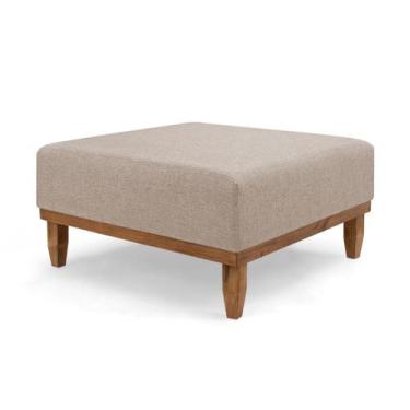 Imagem de Pufe Decorativo 75x75 Com Rodapé Madeira Sara - Due Decor, Linho Bege