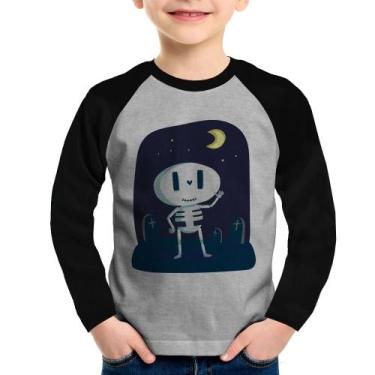 Imagem de Camiseta Raglan Infantil Esqueleto Manga Longa - Foca na Moda, Cinza, 