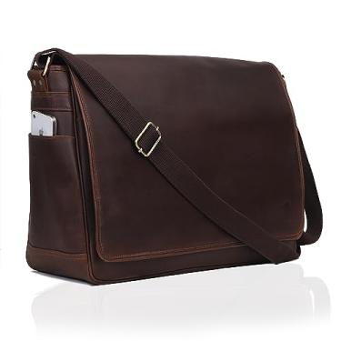 Imagem de Bolsa mensageiro de couro para homens e mulheres de 17,5 polegadas – Bolsa premium vintage feita à mão para laptop, bolsa tiracolo de ombro masculina, bolsa de trabalho de couro genuíno para