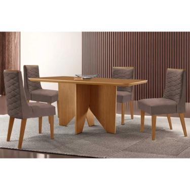 Imagem de Sala Jantar Mesa Nevada Tampo Curvo 120cm+4 Cadeiras Dafne Madeira Naturale - Capuccino/Corano Capuccino - Rufato
