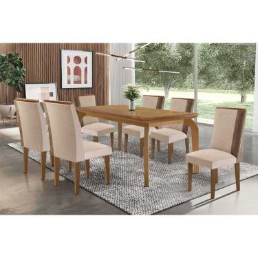 Imagem de Sala Jantar Mesa Londrina Tampo Curvo 180cm+6 Cadeiras Tilia Madeira Naturale - Capuccino/Suede Creme - Rufato