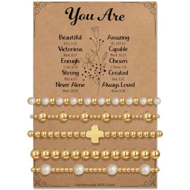 Imagem de Pulseira de contas de placa de ouro para mulheres: Pulseira de cruz de pérola delicada banhada a ouro 14K extensível para mulheres - Presentes de aniversário de Natal para filha, sobrinha, neta, 6.7