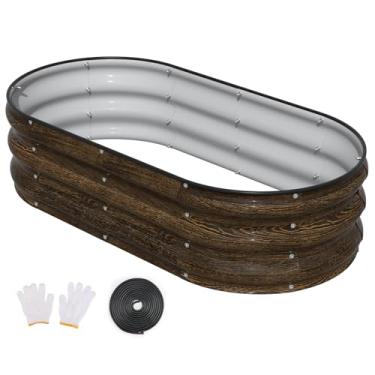 Imagem de Patiobay Canteiros elevados galvanizados de 10 x 5 x 3 m, cama de jardim elevada com bordas e luvas de segurança, caixa oval de metal para jardinagem, legumes, flores, ervas, nogueira clássica