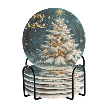 Imagem de Blueangle 6 peças de porta-copos de árvore de Natal de flocos de neve para bebidas, porta-copos de tecido redondo super absorvente para mesa de café, proteção de mesa para decoração de casa (477)