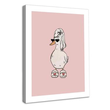 Imagem de Dazzlewall Arte de parede de pato engraçado emoldurado, óculos de sol rosa legal impressão de arte de parede de pato minimalista pintura de roupão de banho de ganso para banheiro banheira decoração de