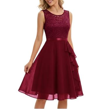 Imagem de BeryLove Vestidos formais para coquetel, dama de honra, casamento, convidada, vestido curto de formatura, bainha com babados, vestido de renda de Natal sem mangas, Escuro, PP
