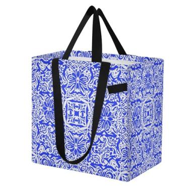 Imagem de SEHANY Sacolas de compras reutilizáveis de porcelana azul e branca com alças reforçadas, bolsa de compras de lona dobrável à prova d'água de grande capacidade para viagem, cozinha, praia