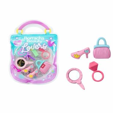 Imagem de Kit de Borrachas Beauty Lovers Infantil, 7 Peças, Coloridas, Atóxicas, Formato Maquiagem e Acessórios, Para Escola e Uso Diário, 16x12x2cm
