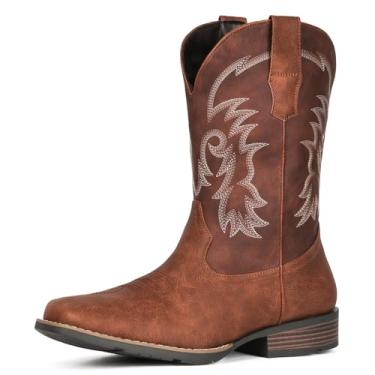 Imagem de IUV Botas de caubói masculinas, bico quadrado, botas ocidentais, botas antiderrapantes com bordado clássico, salto durável, botas country para uso casual e trabalho, Marrom fosco, 46