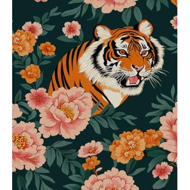 Imagem de Papel de parede de tigre, papel de parede vintage verde rosa floral, papel de parede autoadesivo removível à prova d'água para banheiro, quarto, prateleira, armário, gaveta, mesa, 44,5 x 299,7 cm