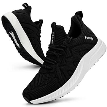 Imagem de Feethit Tênis de corrida feminino, tênis de caminhada, sem cadarço, leve, para treino, trabalho, viagem, atlético, Preto, branco, 35