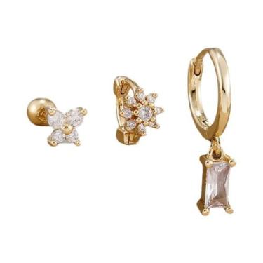 Imagem de Conjunto De Brincos De Argola Com Flor De Zircônia Banhados a Ouro 14K