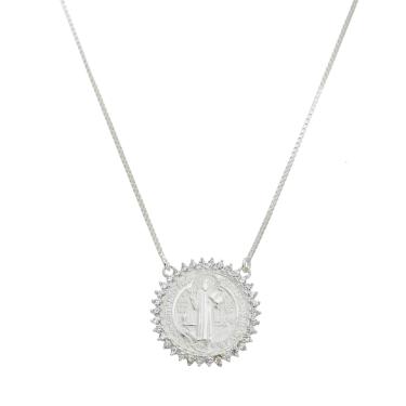 Imagem de Colar Medalha São Bento com Zirconias Brancas em Prata Coleção Fé