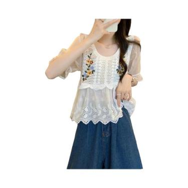 Imagem de Blusa Babydoll Com Bordado Floral E Mangas Puff Em Crochê, Renda Com D