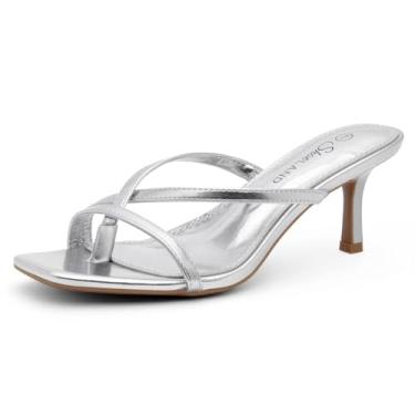 Imagem de Shoe Land Sandálias femininas de salto gatinho – Salto de dedo aberto quadrado, chinelos elegantes de salto baixo para casamento, festa, formatura e férias, Prata, 38