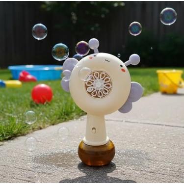 Imagem de Máquina lançadora de bolhas de sabão com luzes LED giratórias, brinquedo infantil automático para festas e diversão ao ar livre. (Bege)