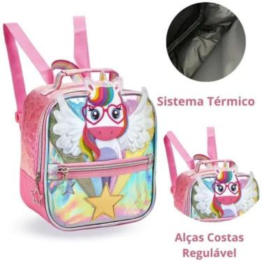 Imagem de Lancheira Térmica Infantil Escolar Menina Unicórnio Rosa Denlex