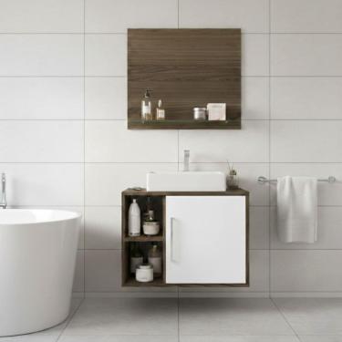 Imagem de Kit Gabinete de Banheiro 60cm com Cuba e Painel 1 Porta 2 Prateleiras Arte Cas - Cor Branco/Marrom