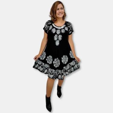 Imagem de Vestido Trapézio Curto Manga Curta Batik e Bordado Plus Size - Sarat M