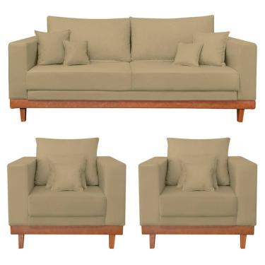 Imagem de Kit 2 Poltronas Living + Sofá 2 Lugares Base Madeira Suede