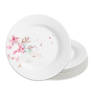 Imagem de Jogo 12 Prato Raso De Vidro Branco Flowers Bord 25,5cm Em Casa Tem