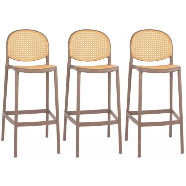 Imagem de Kit 3 Banqueta Alta Com Encosto Roma Em Polipropileno Cozinha/bancada - Marrom Claro