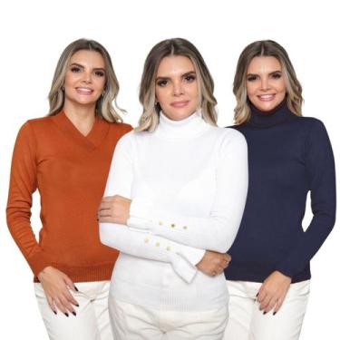 Imagem de Kit 3 Blusas Feminina de Tricot Manga Longa Tendência Frio 2024 - SP/C