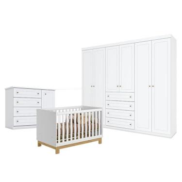 Imagem de Quarto de Bebê Americano 6 Portas com Berço Americano Mini Cama Q Encanto Slim Branco Acetinado - Qmovi - Henn
