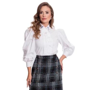 Imagem de Camisa Social Feminina Manga Bufante Bordado Moderna Teodoro, Branco, 
