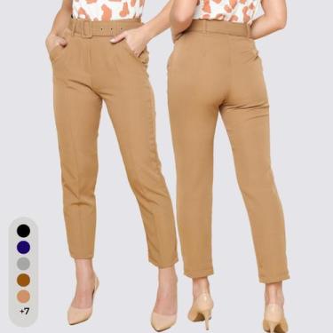 Imagem de Calça Feminina Clochard Alfaiataria Com Cinto Forrado - Toque, Bege, P
