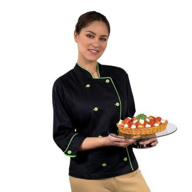 Imagem de Dólmã Feminina Para Chef De Cozinha 100% Algodão Preto Com Verde Unifo