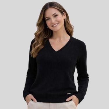 Imagem de Suéter Feminino Gola V Manga Longa em Tricô Malwee, GG, Preto