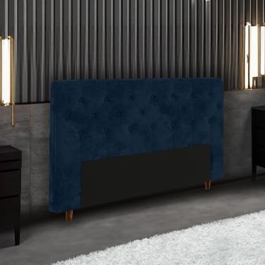 Imagem de Cabeceira Estofada Marcela Queen Size para Cama Box Madeira Maciça com Revestimento em Suede Azul