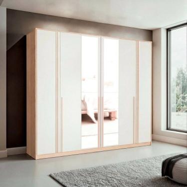 Imagem de Guarda-roupa Casal 6 Portas com Espelho Marseille Carvalho Marrom/ OFF White