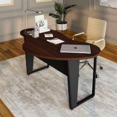 Imagem de Mesa Escrivaninha Orgânica Linear 173cm X 94cm Pés Metal para Escritório Home Office F5 Corporate Louro Preto com Preto