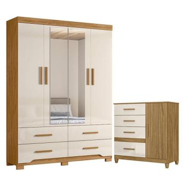 Imagem de Guarda Roupa Solteiro e Cômoda Miami e Vênus 4 Portas Giratórias 4 Gavetas MDP com Espelho Freijó Off White Brilho