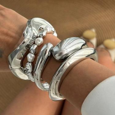 Imagem de Bracelete Grosso Dourado Articulado Gota Orgânico Fluido Minimalista-P