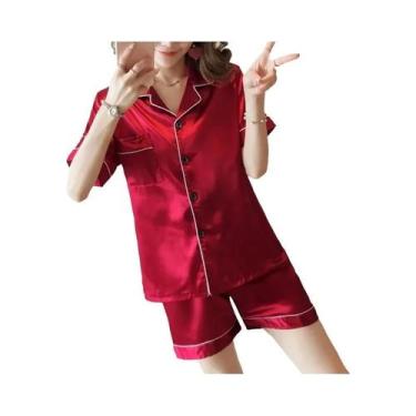Imagem de Conjunto De Pijamas De Seda Satinada Femininos 2 Peças Com Botões, Rou