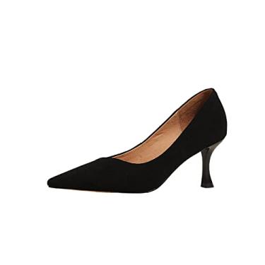 Imagem de TinaCus Sapato feminino de camurça feito à mão com bico fino e salto médio sem cadarço, B Preto, 8