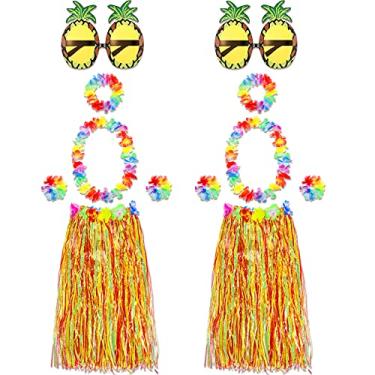 Imagem de 2 conjuntos de saia de grama havaiana hula de 60 cm com acessórios de flores de óculos de sol de abacaxi, palha (saias coloridas), Saias coloridas