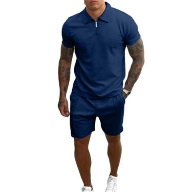 Imagem de Verão simples de algodão traje de algodão masculino short short short de mangas curtas,Navy blue,M