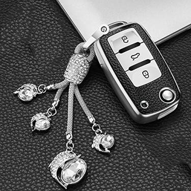 Imagem de YJADHU TPU couro masculino feminino chaveiro capa de chave de carro, apto para Volkswagen VW Jetta Golf Passat Beetle Skoda Seat Polo B5, A, prata, chaveiro