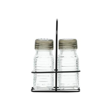 Imagem de Porta saleiro / pimenteiro de vidro borossilicato com suporte de metal preto - 70 ml