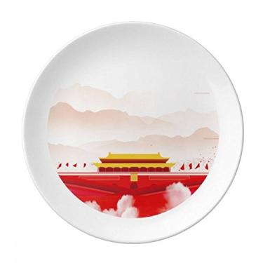 Imagem de Placa de neblina de montanha Tiananmen com bandeira vermelha decorativa de porcelana Salver talheres, Prato de jantar