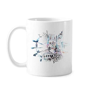 Imagem de Globe Big Ben Torre Eiffel Caneca Pintura Aquarela Cerâmica Café Porcelana Copo Mesa