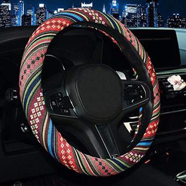 Imagem de Capa para volante de carro Shiawasena, tecido grosso de linho, estilo étnico, ajuste universal de 38 cm, antiderrapante absorvente de suorSHIAWASENA Free HH180714